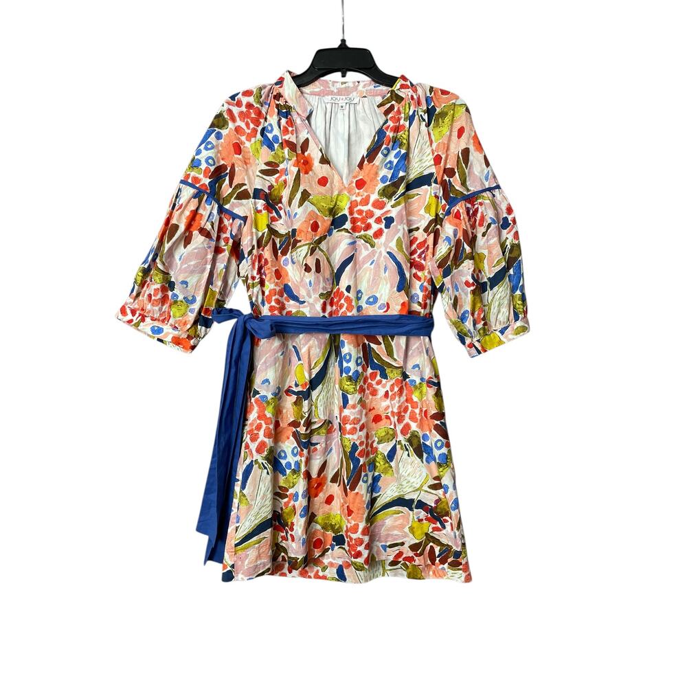 Joy Joy Bright Floral Puff Sleeve Mini Dress w/ Pockets Size Medium Spring Chic